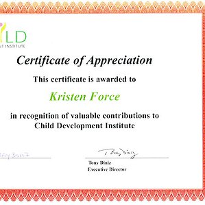 Certificate of Appreciation for Kristin
