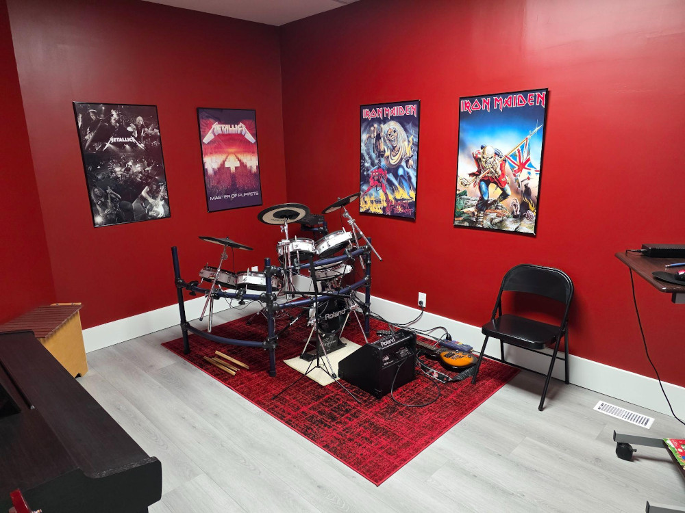 Heavy Metal Music Room at Neighbour Note Toronto Heavy metal-themed music lesson room with drum kit at Neighbour Note music school in Toronto