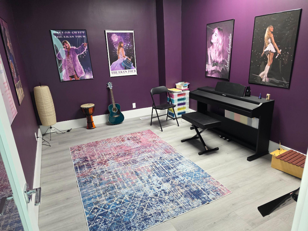 Pop Music Lesson Room at Neighbour Note Toronto Pop music-themed lesson room with piano at Neighbour Notes' renovated Toronto music studio